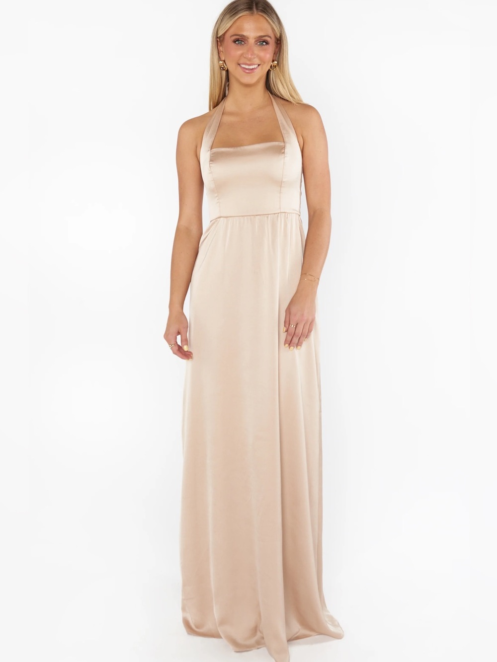 Show Me Your Mumu Hazel Halter Maxi Dress Champagne Luxe Satin Womens Size L